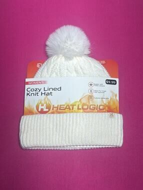 Heat Logic Women’s Thermal Knit Hat White Double Layer Rib Knit Warm Beanie